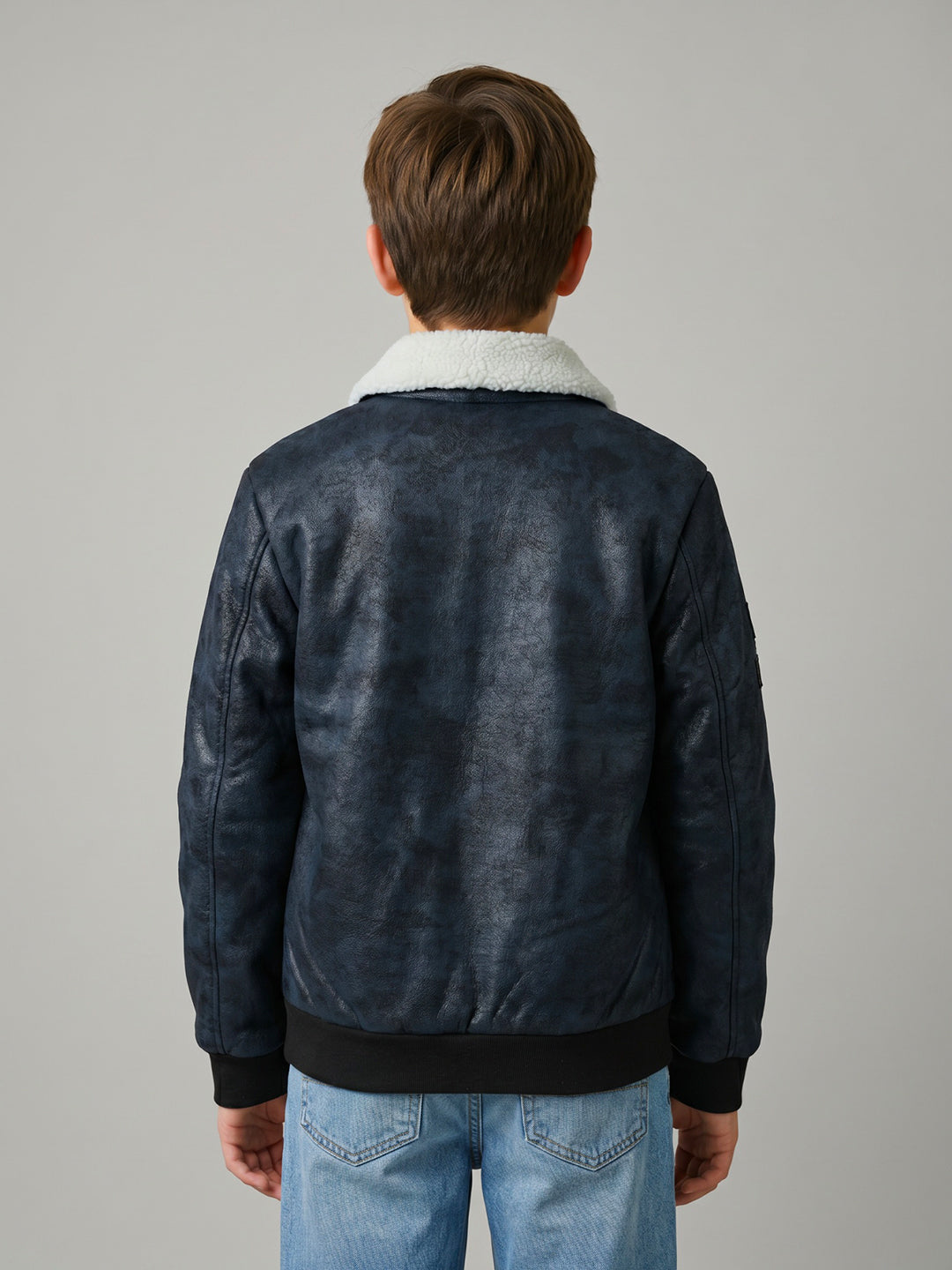 Boys Navy Blue Camouflage Collar Full Sleeve Bomber Jacket