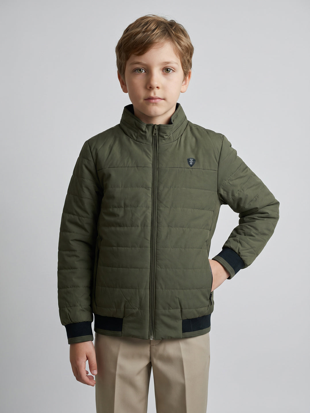 Boys Green Solid Collar Full Sleeve Puffer Jacket