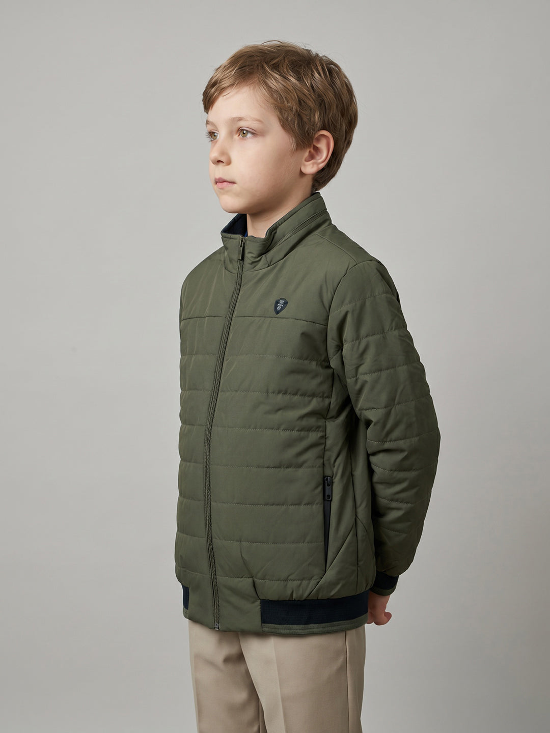 Boys Green Solid Collar Full Sleeve Puffer Jacket
