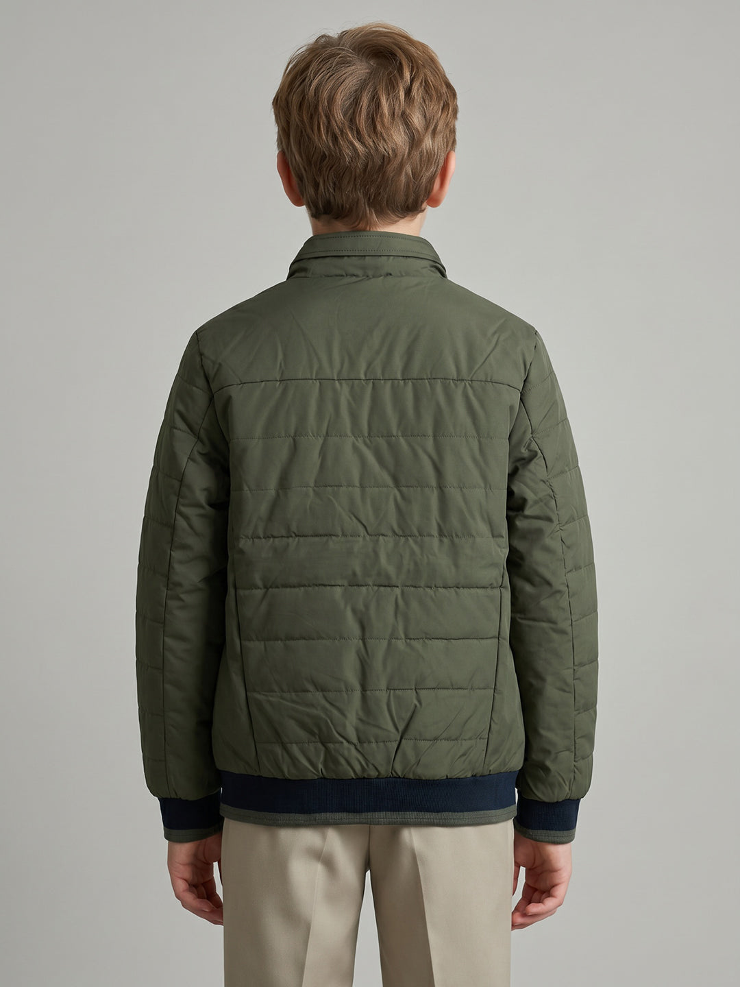 Boys Green Solid Collar Full Sleeve Puffer Jacket