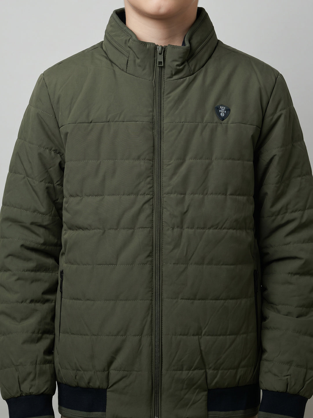 Boys Green Solid Collar Full Sleeve Puffer Jacket