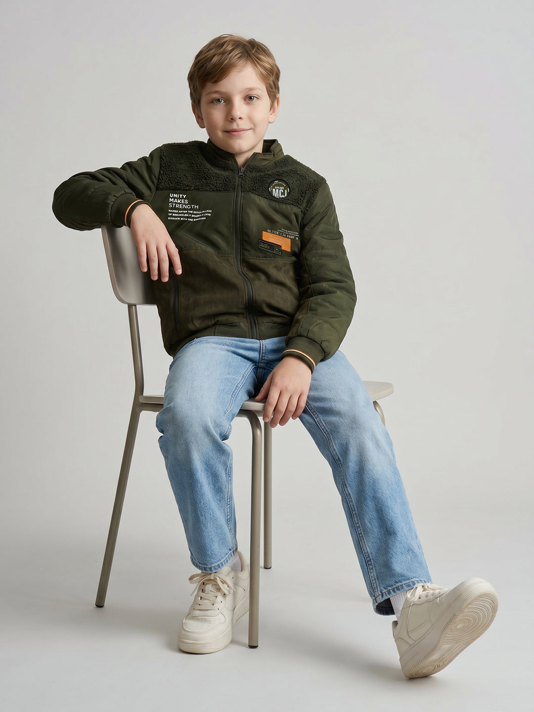 Boys Olive Solid Turtle Neck Full Sleeve Bomber Jacket