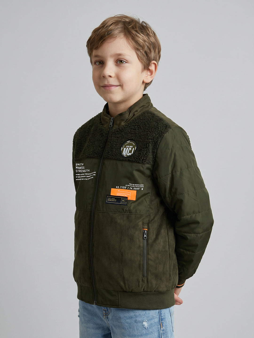 Boys Olive Solid Turtle Neck Full Sleeve Bomber Jacket