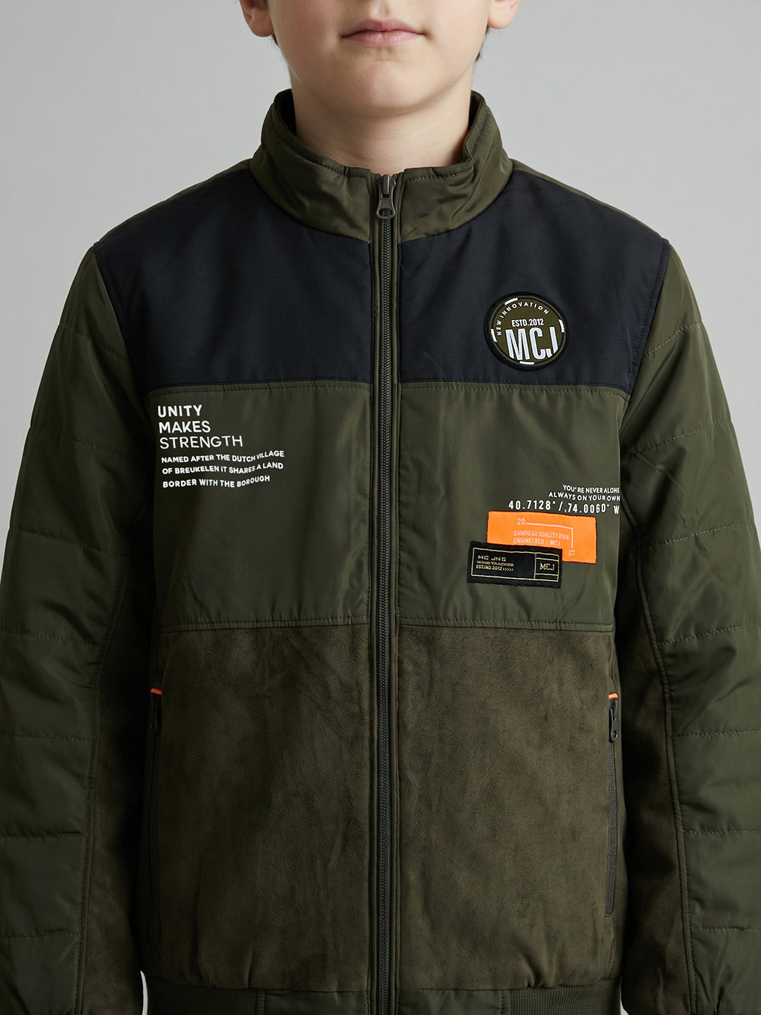 Boys Olive Solid Turtle Neck Full Sleeve Bomber Jacket