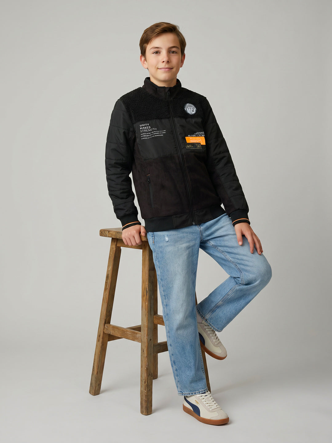 Boys Black Solid Turtle Neck Full Sleeve Bomber Jacket