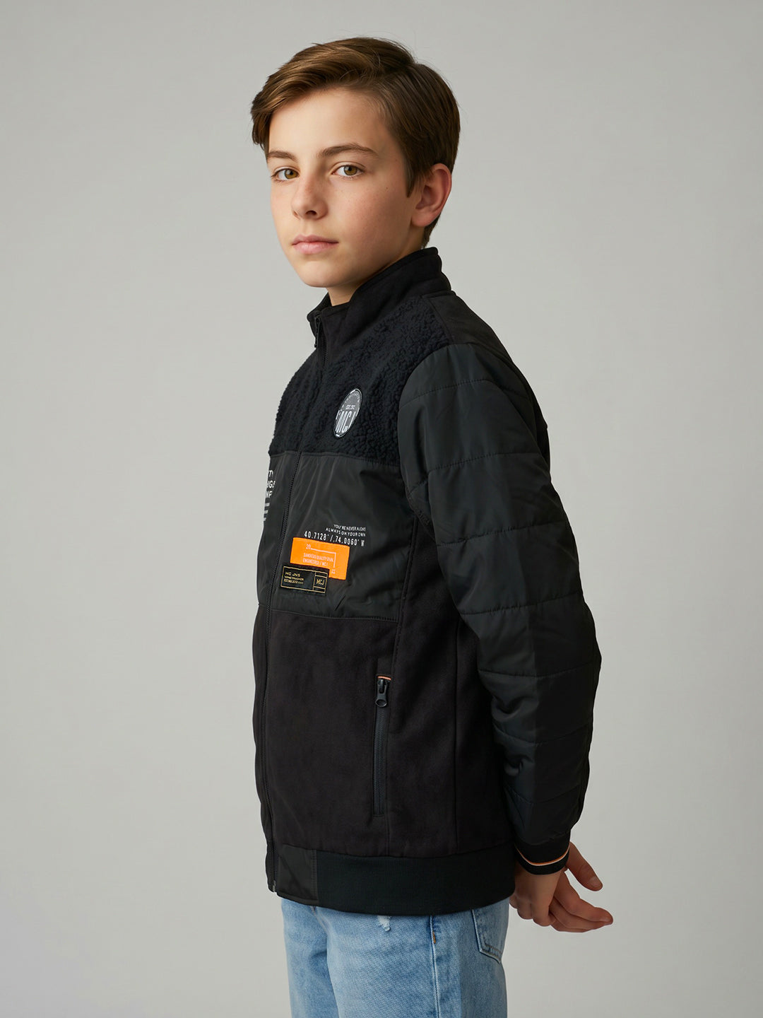 Boys Black Solid Turtle Neck Full Sleeve Bomber Jacket