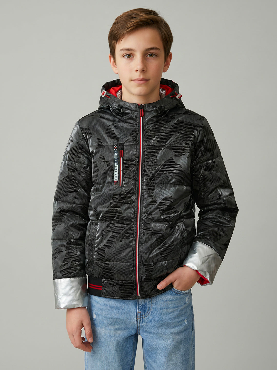 Boys Black Camouflage Hooded Full Sleeve Jacket