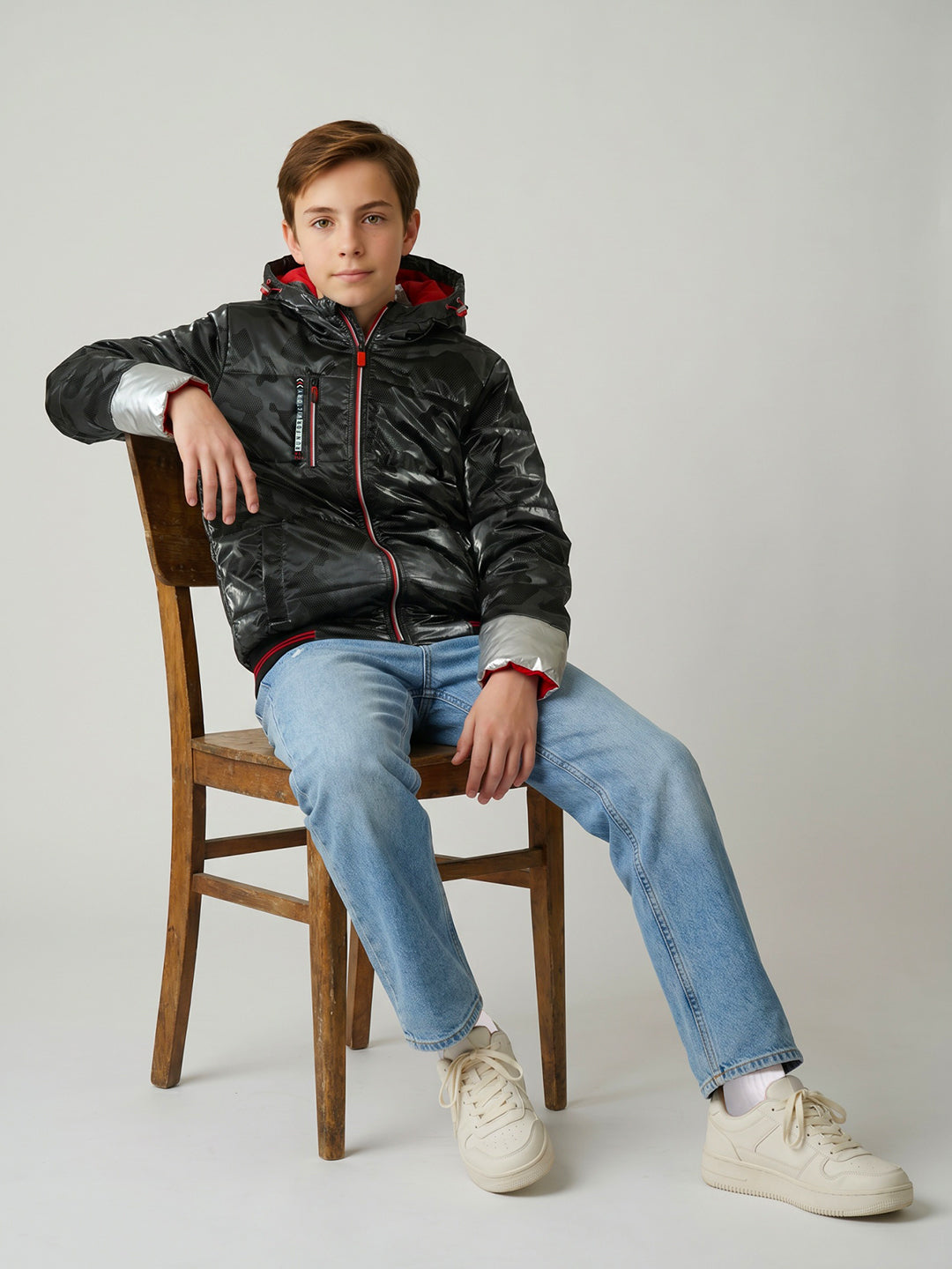 Boys Black Camouflage Hooded Full Sleeve Jacket