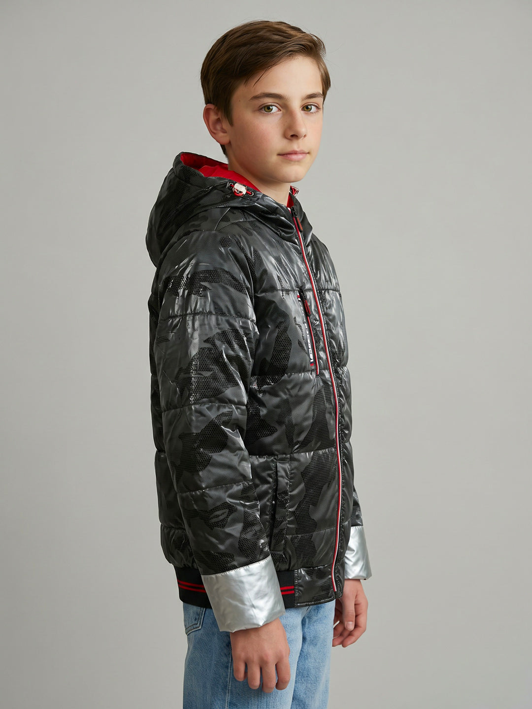 Boys Black Camouflage Hooded Full Sleeve Jacket
