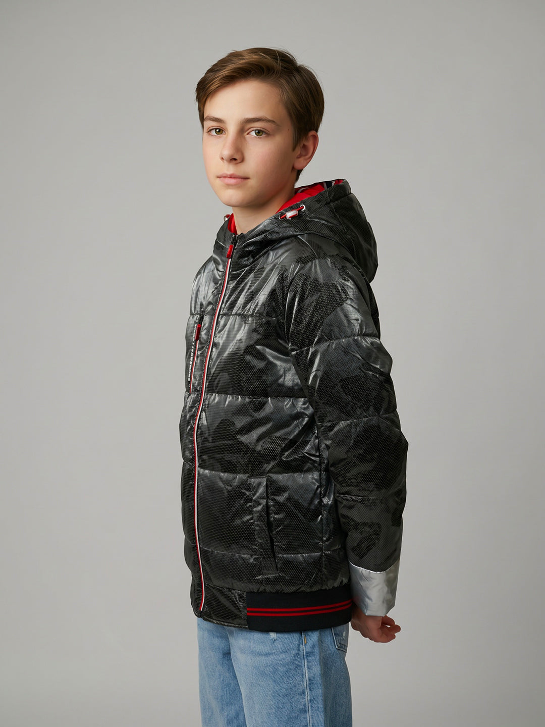 Boys Black Camouflage Hooded Full Sleeve Jacket