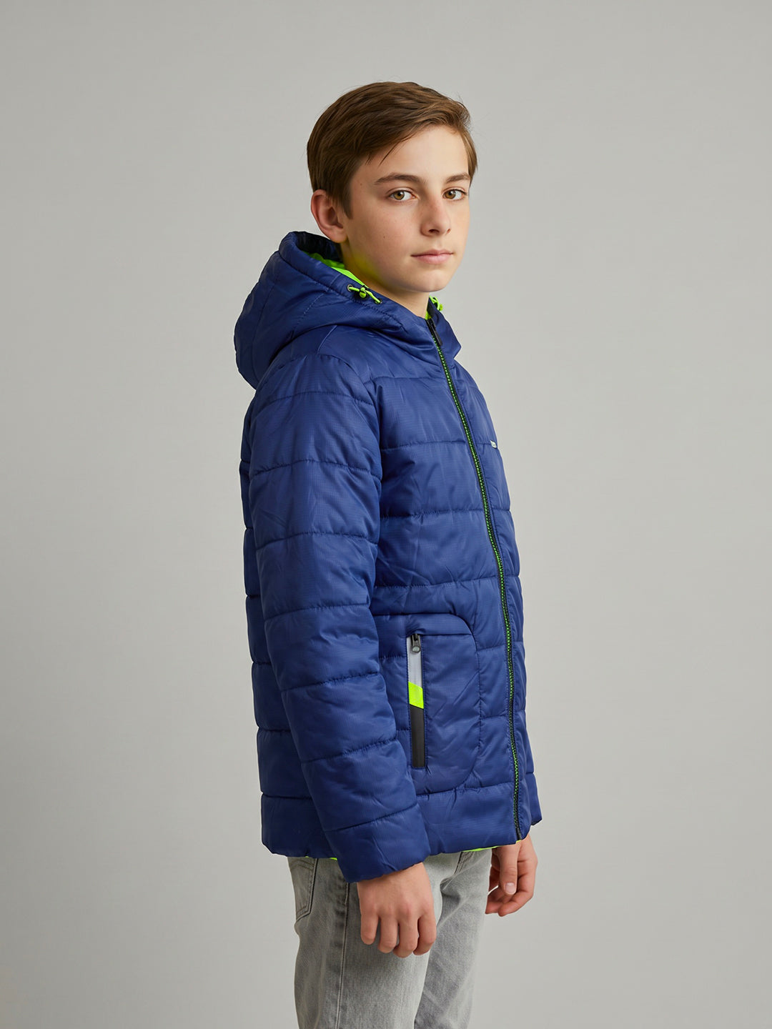Boys Blue Solid Hooded Full Sleeve Jacket