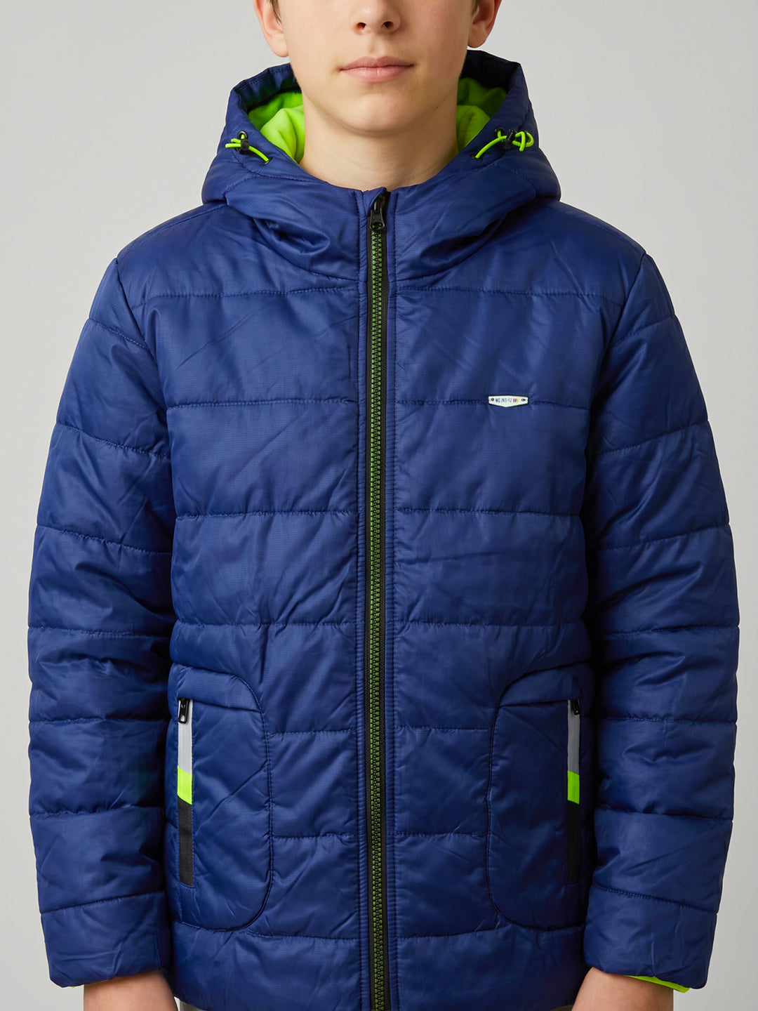 Boys Blue Solid Hooded Full Sleeve Jacket