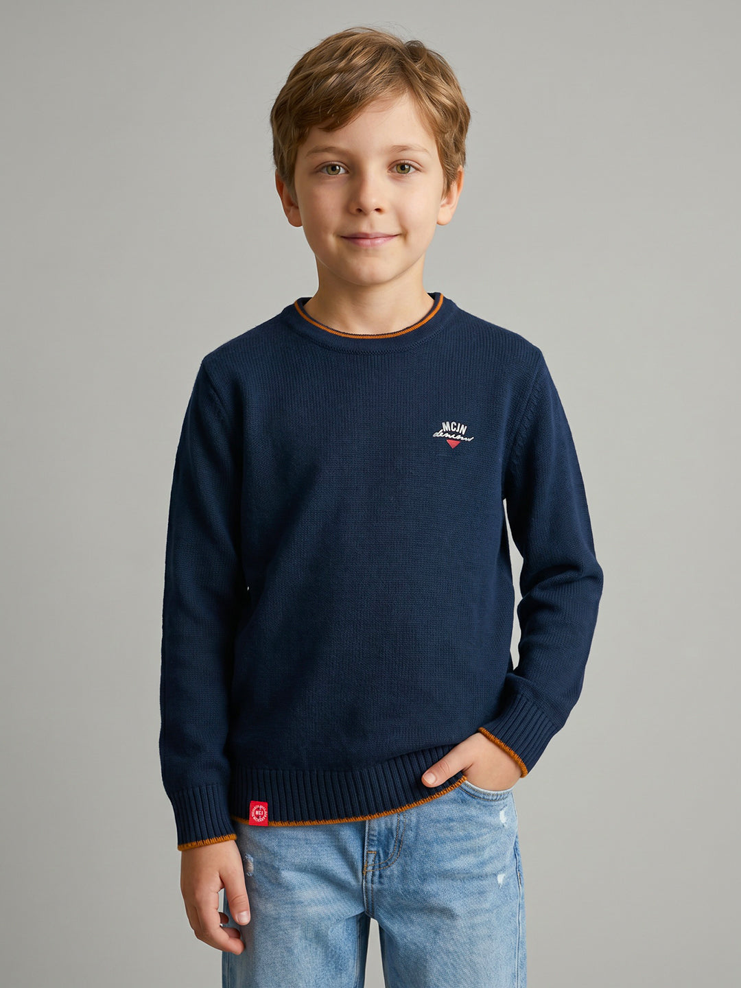 Boys Navy Blue Solid Round Neck Full Sleeve Pullover