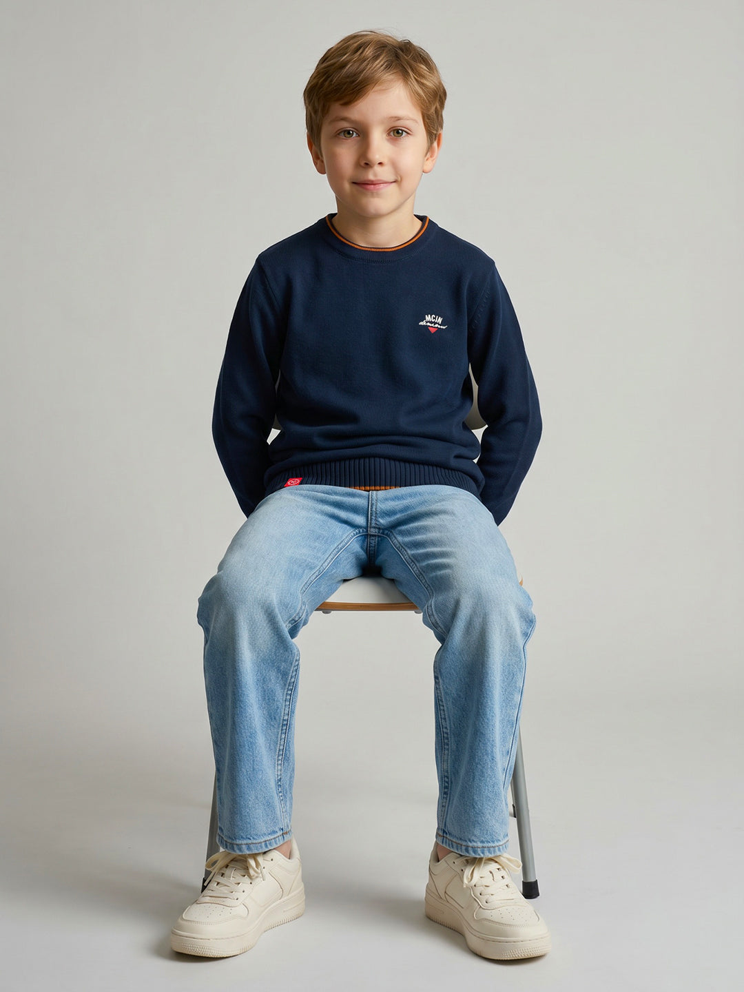 Boys Navy Blue Solid Round Neck Full Sleeve Pullover