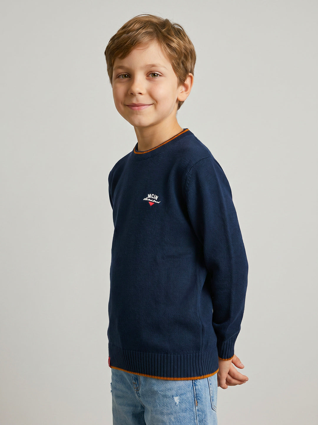 Boys Navy Blue Solid Round Neck Full Sleeve Pullover