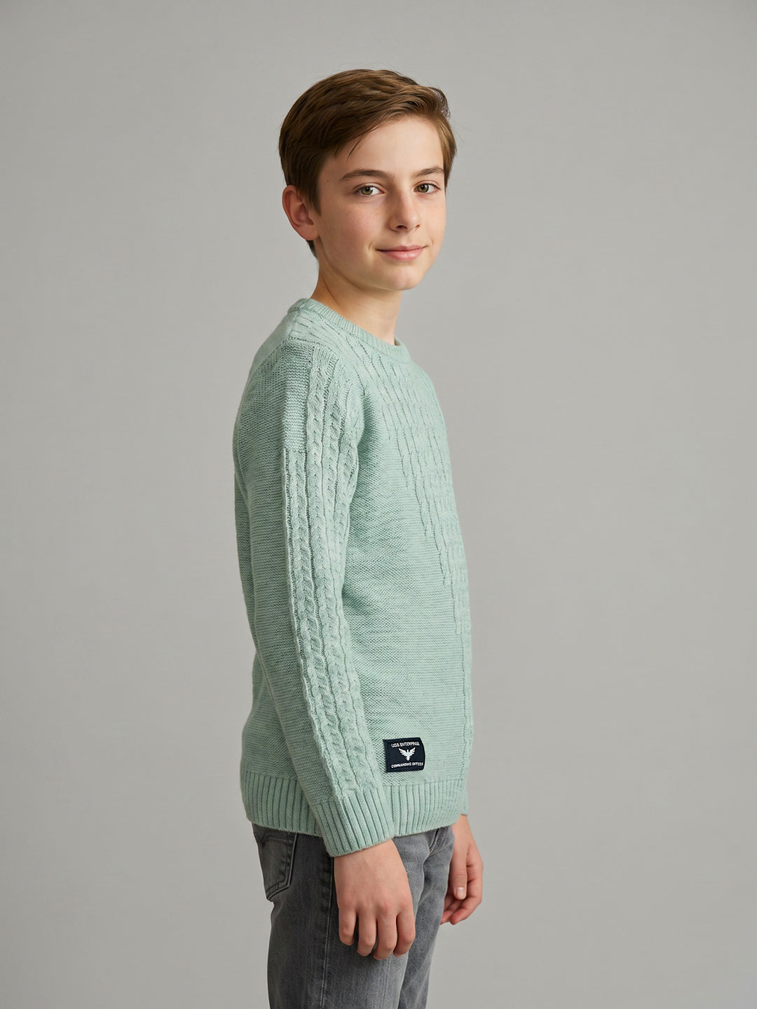Boys Teal Blue Self Design Round Neck Full Sleeve Pullover