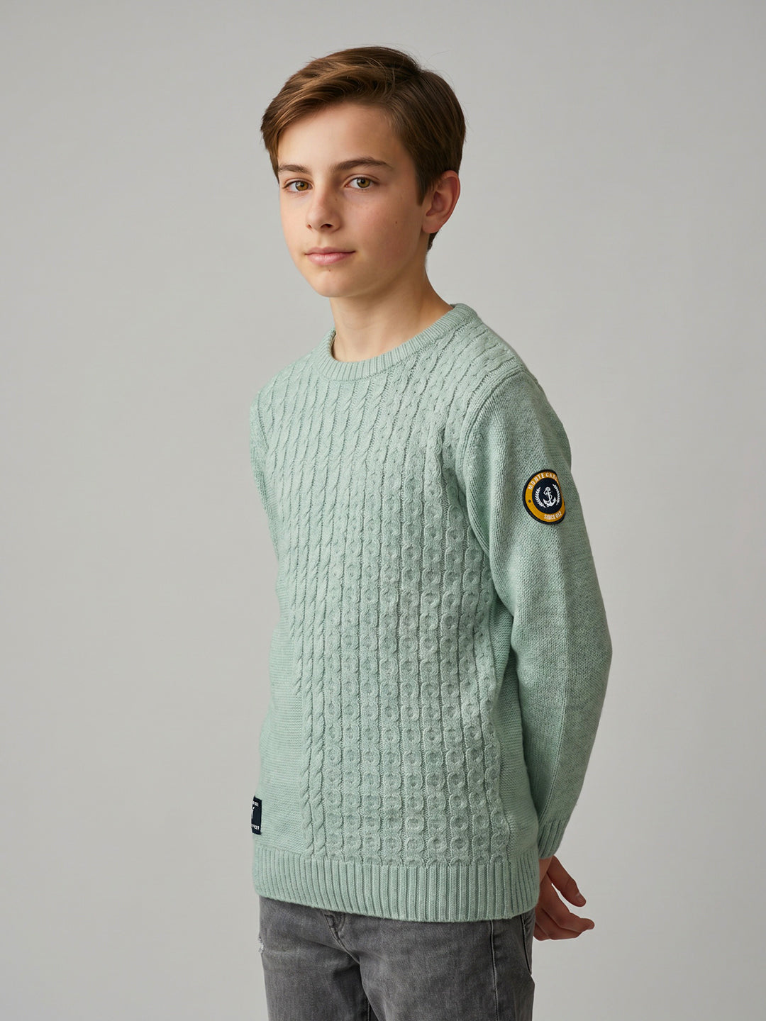Boys Teal Blue Self Design Round Neck Full Sleeve Pullover