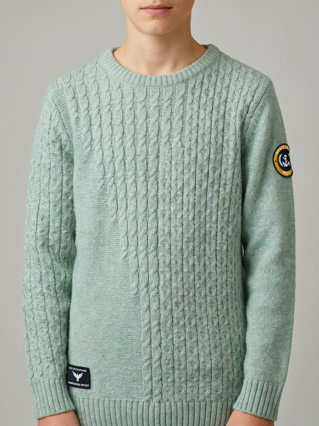 Boys Teal Blue Self Design Round Neck Full Sleeve Pullover