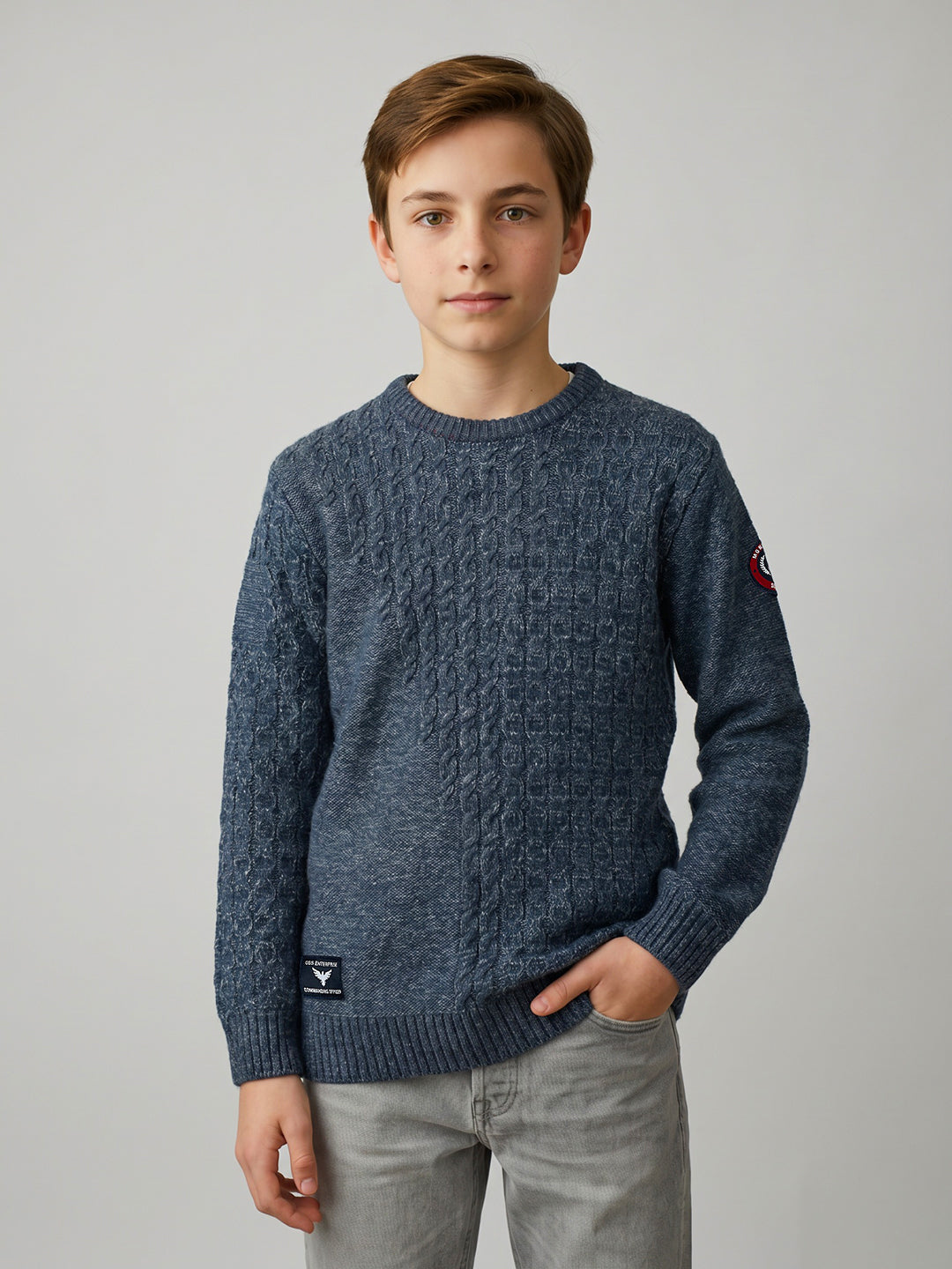 Boys Blue Self Design Round Neck Full Sleeve Pullover