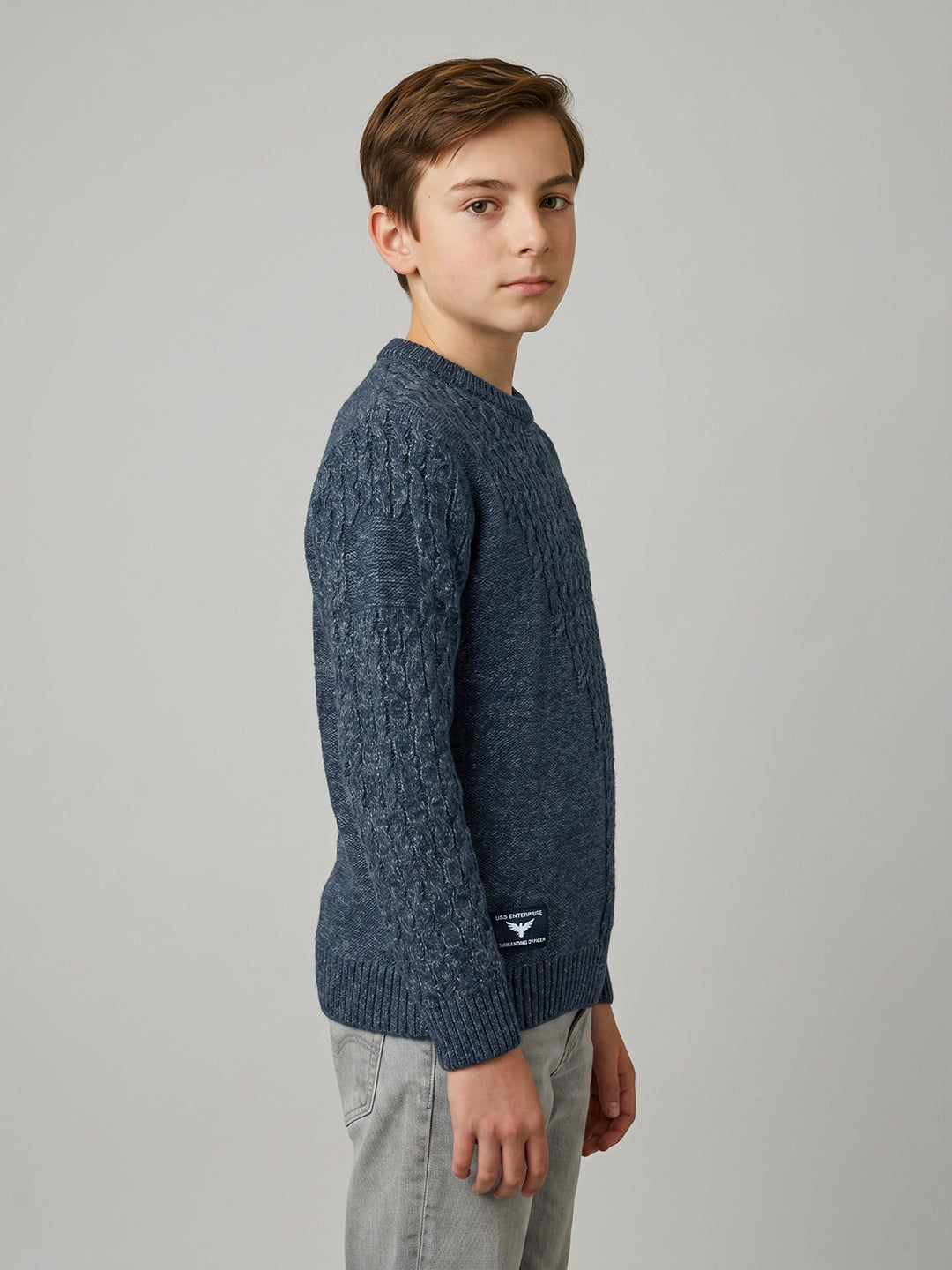 Boys Blue Self Design Round Neck Full Sleeve Pullover