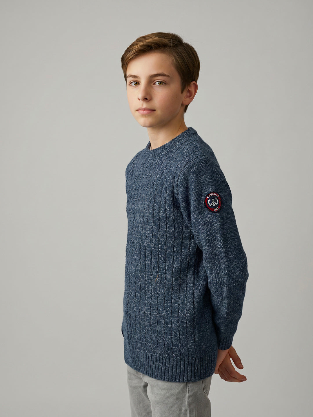 Boys Blue Self Design Round Neck Full Sleeve Pullover