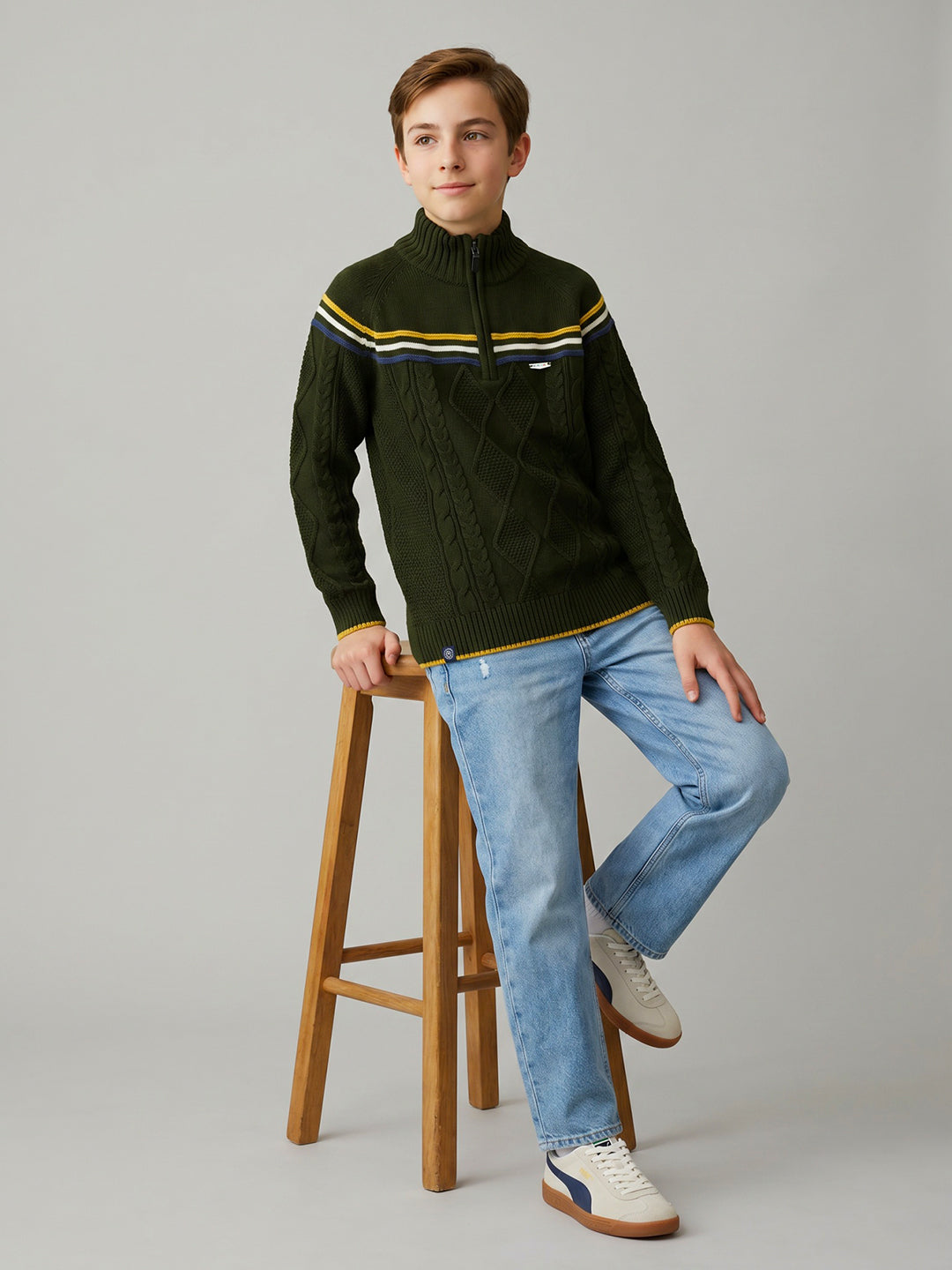 Boys Olive Self Design High Neck Full Sleeve Pullover