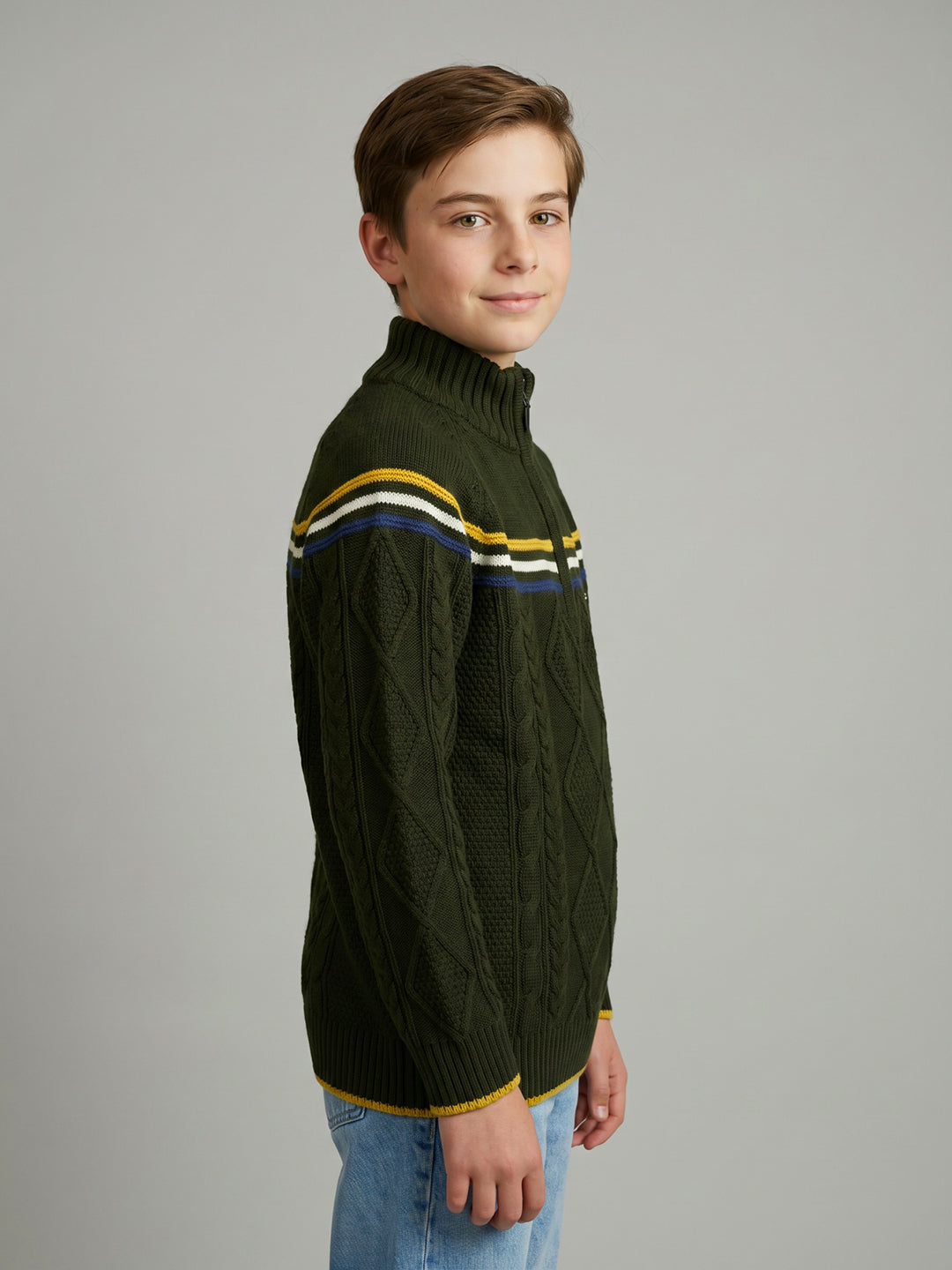 Boys Olive Self Design High Neck Full Sleeve Pullover