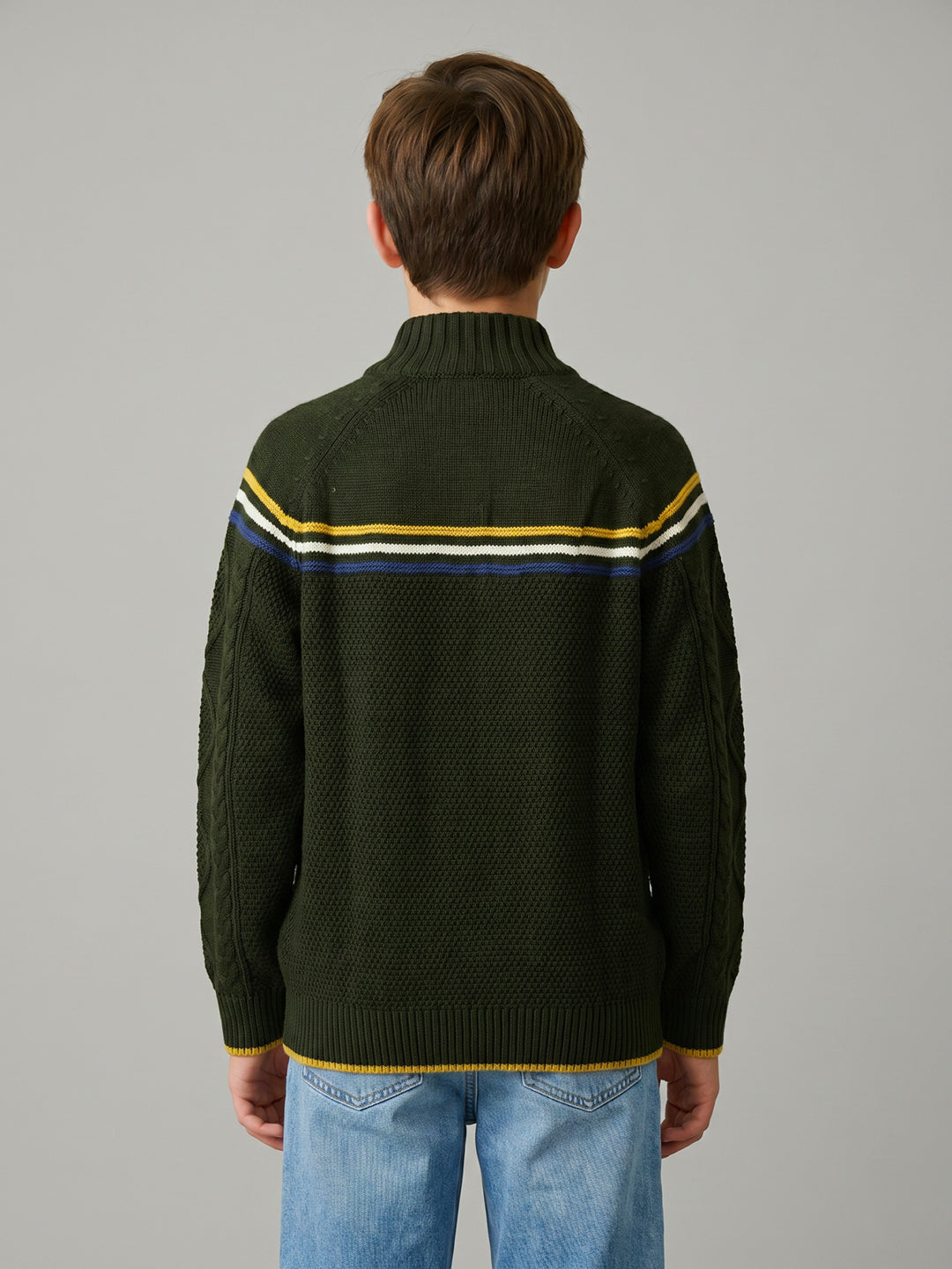 Boys Olive Self Design High Neck Full Sleeve Pullover