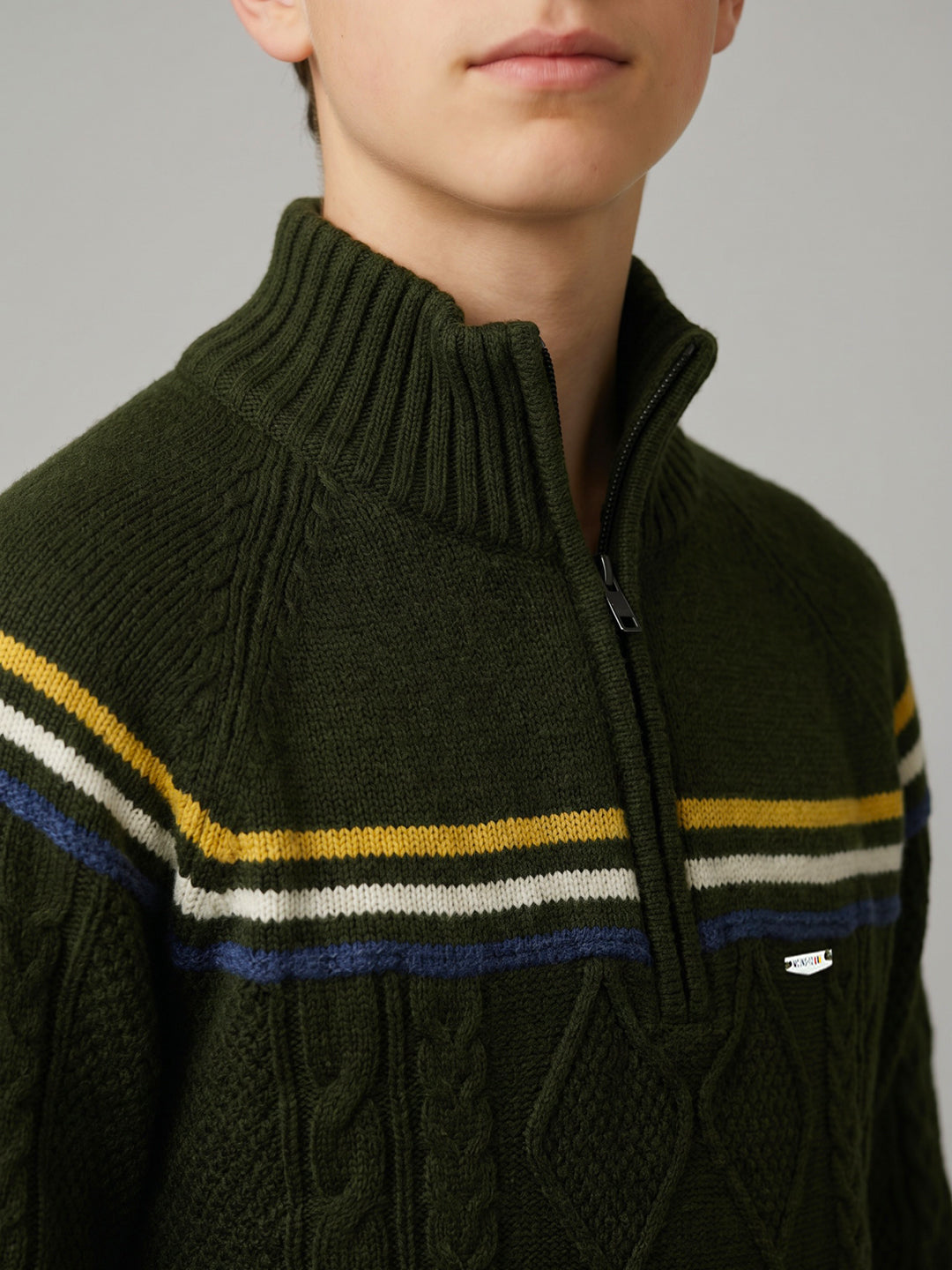 Boys Olive Self Design High Neck Full Sleeve Pullover