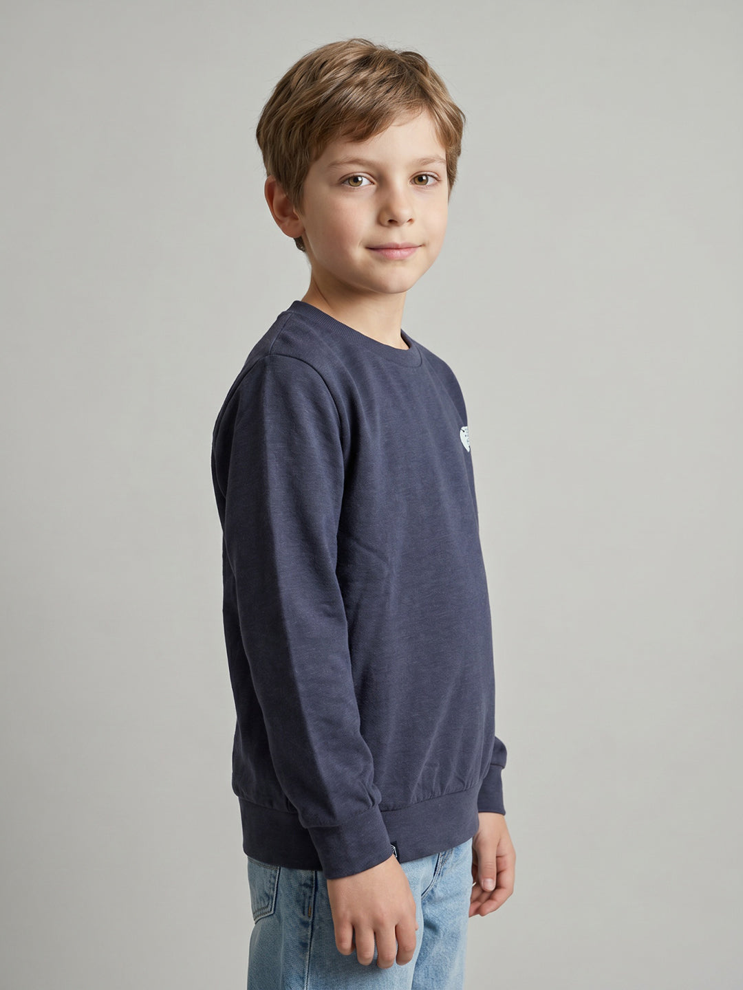 Boys Navy Blue Solid Round Neck Full Sleeve Sweatshirt