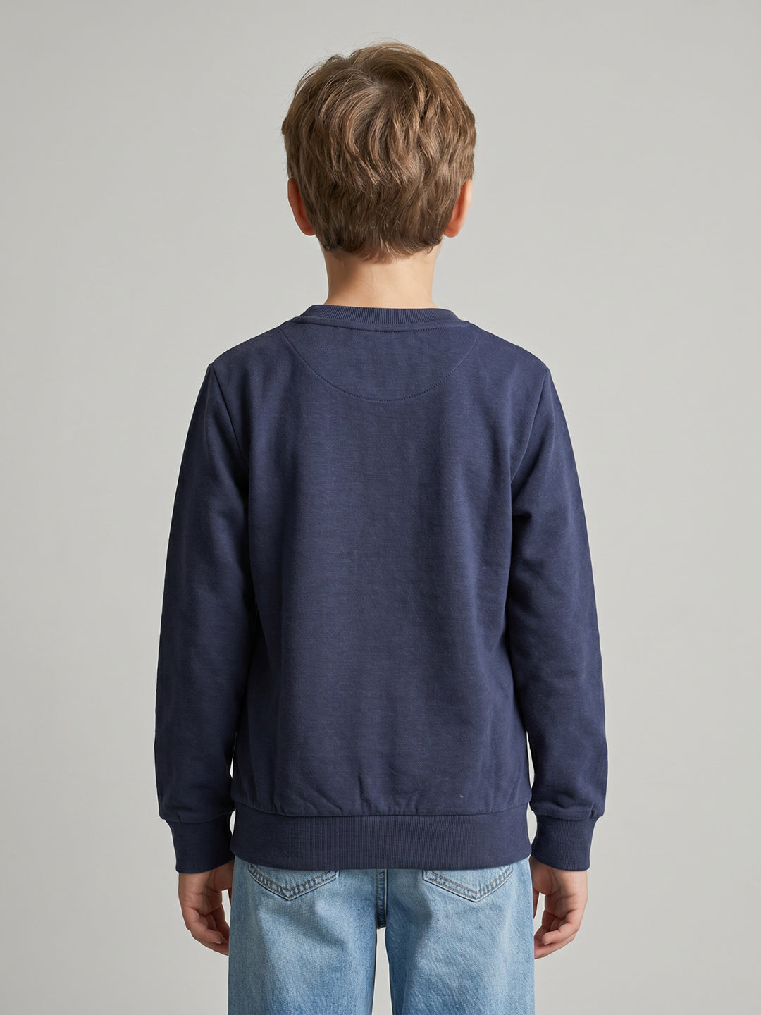 Boys Navy Blue Solid Round Neck Full Sleeve Sweatshirt