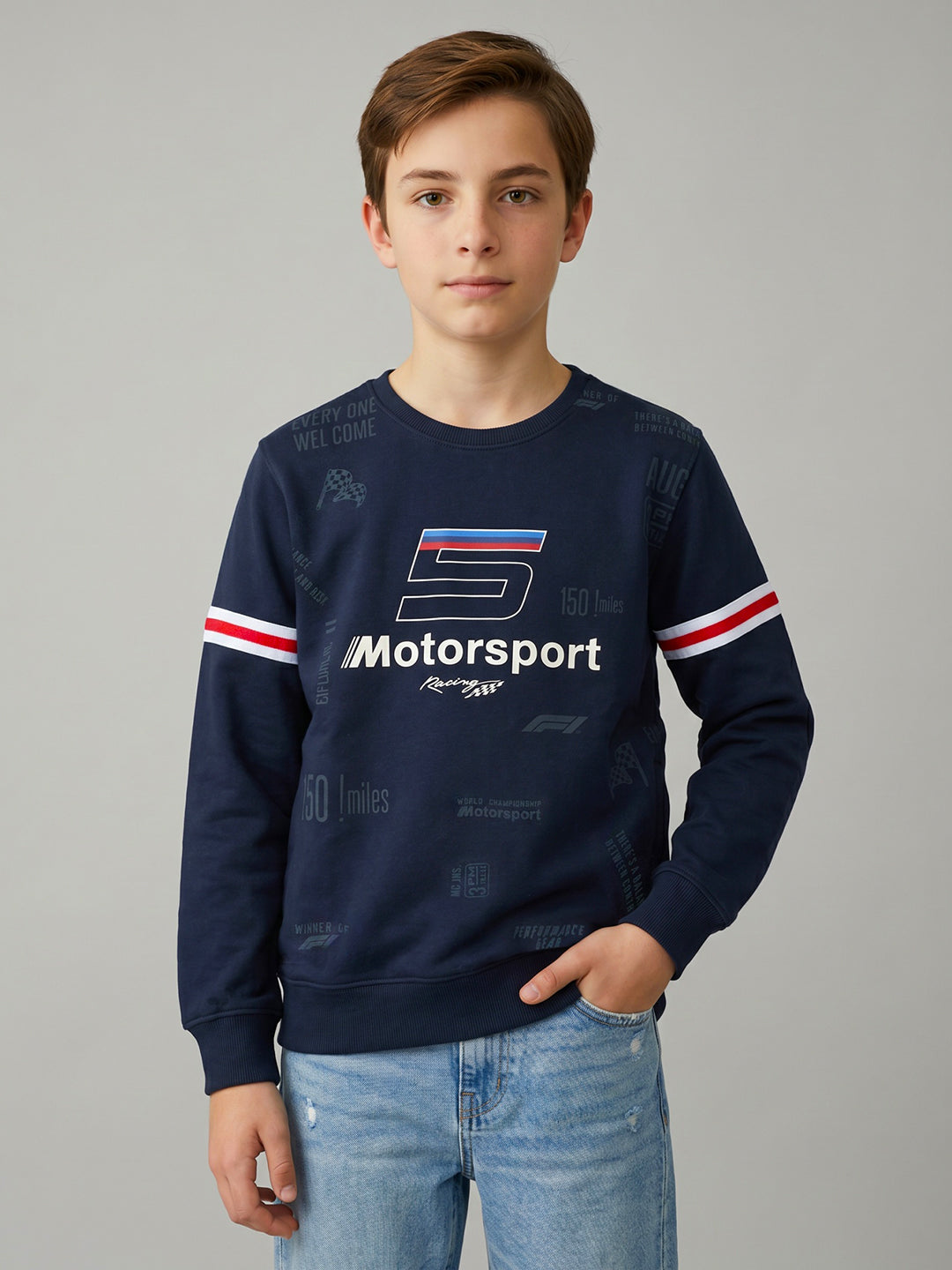 Boys Navy Blue Printed Round Neck Full Sleeve Sweatshirt