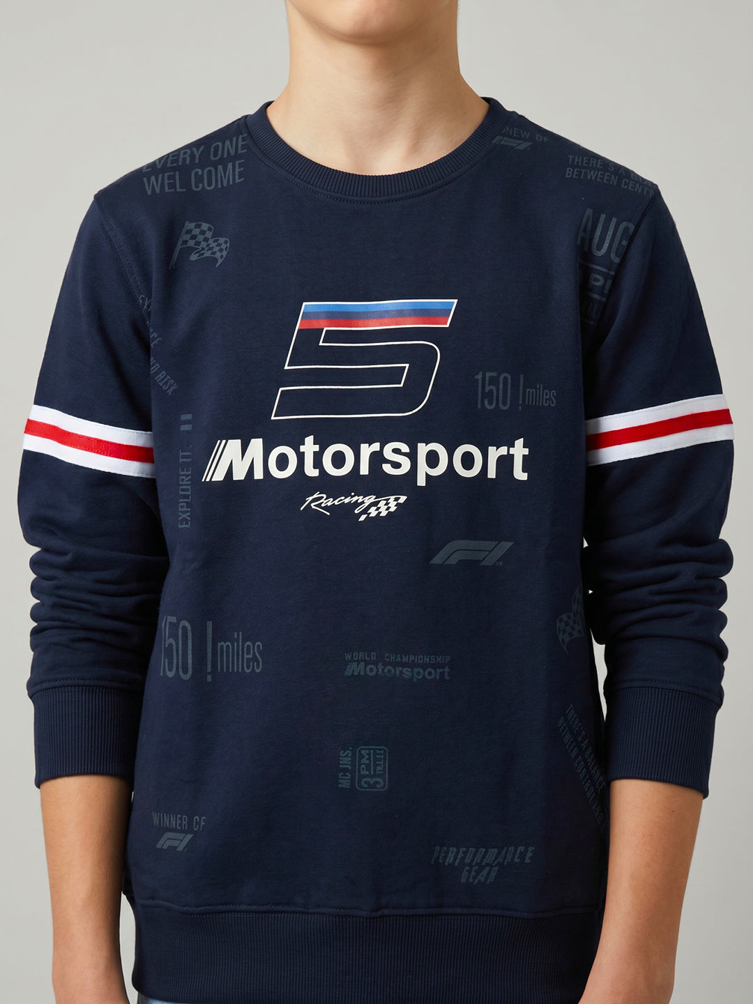 Boys Navy Blue Printed Round Neck Full Sleeve Sweatshirt