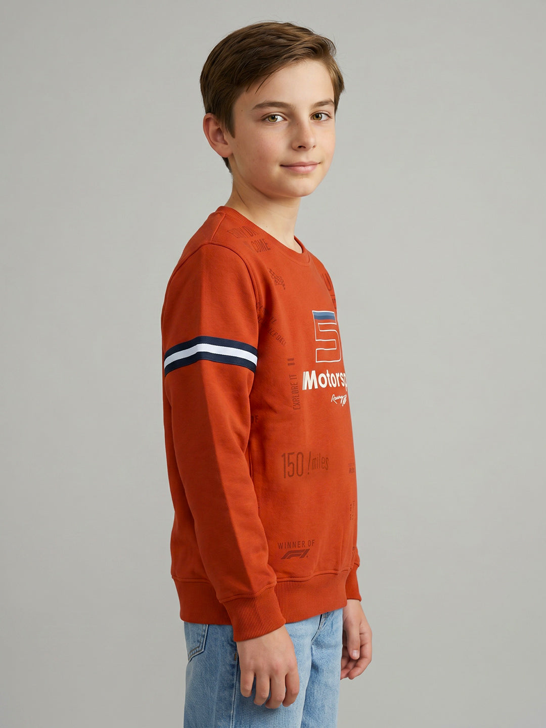 Boys Orange Printed Round Neck Full Sleeve Sweatshirt