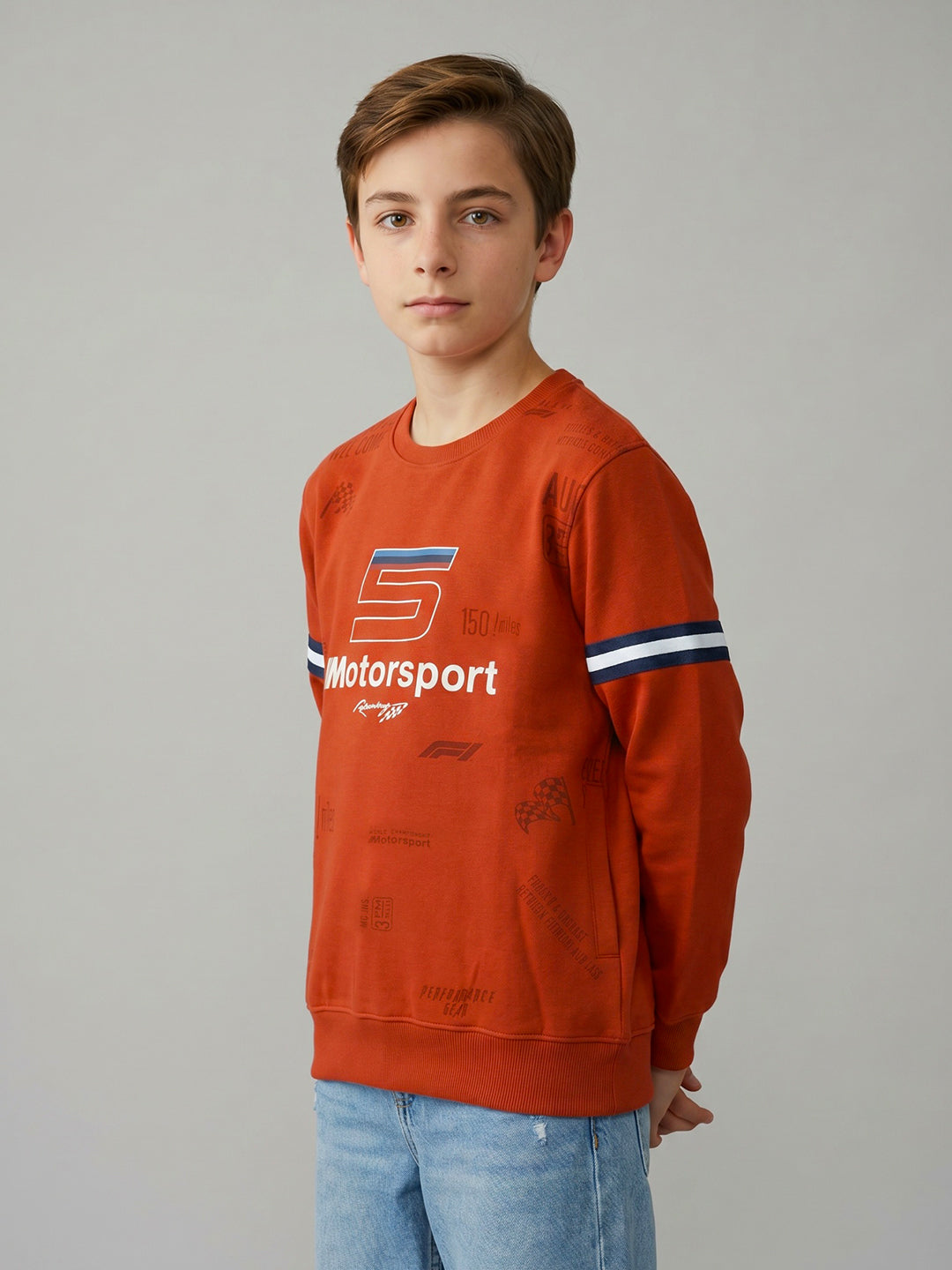 Boys Orange Printed Round Neck Full Sleeve Sweatshirt