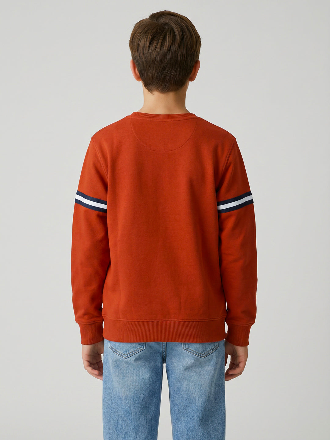 Boys Orange Printed Round Neck Full Sleeve Sweatshirt