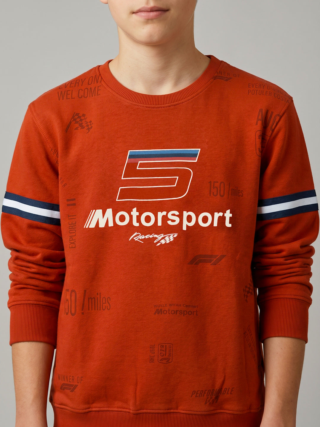 Boys Orange Printed Round Neck Full Sleeve Sweatshirt