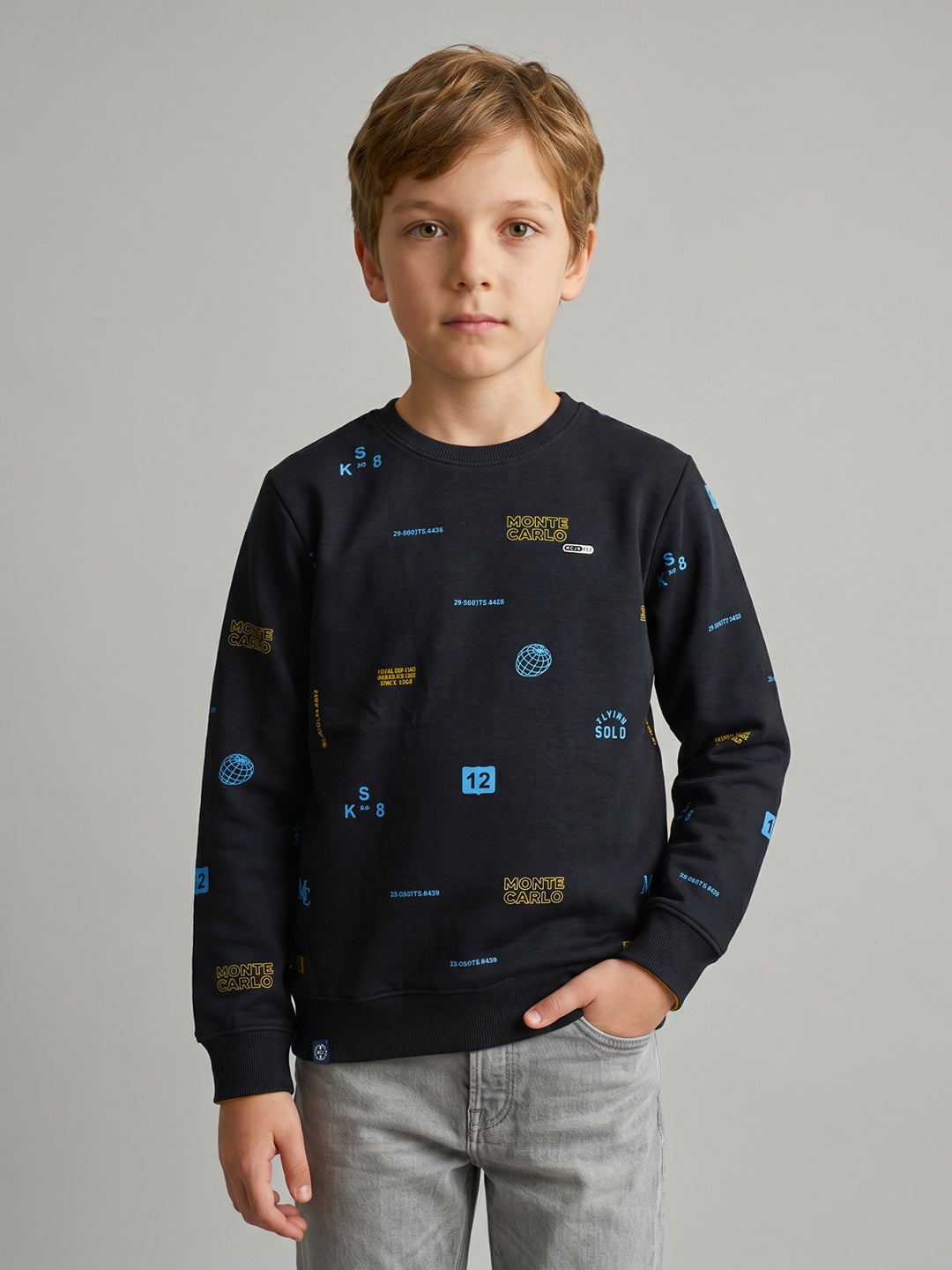 Boys Navy Blue Typography Print Round Neck Full Sleeve Sweatshirt