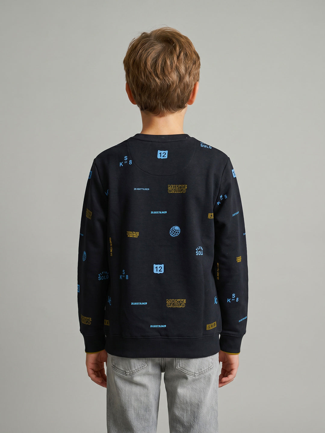 Boys Navy Blue Typography Print Round Neck Full Sleeve Sweatshirt
