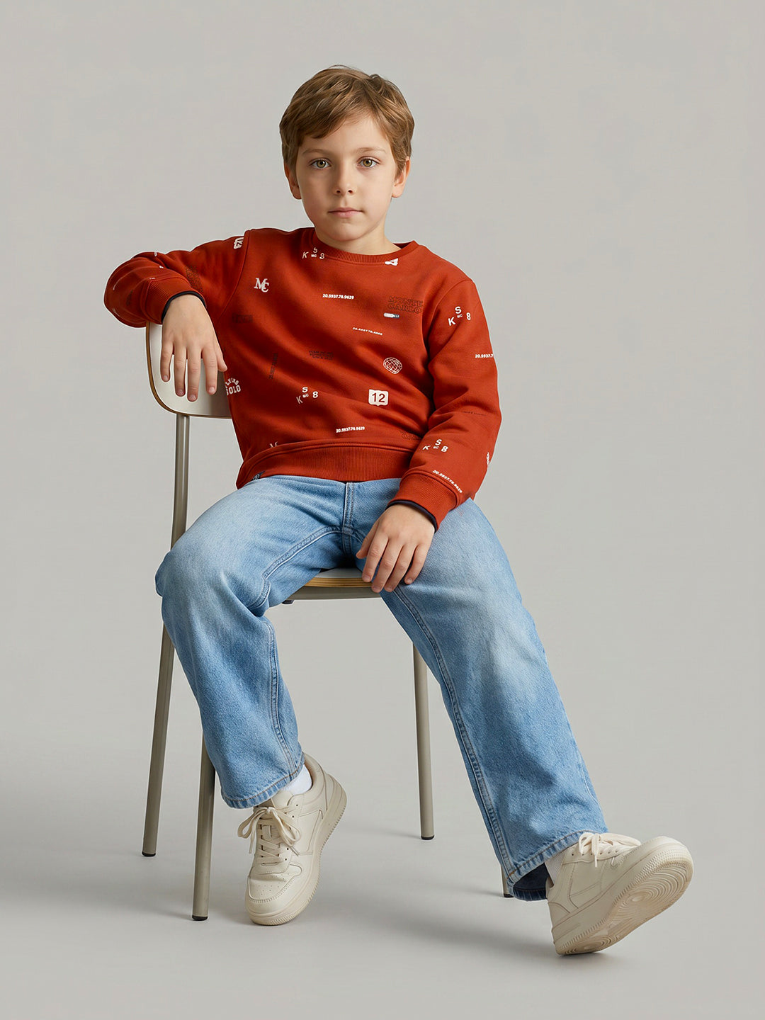 Boys Rust Typography Print Round Neck Full Sleeve Sweatshirt