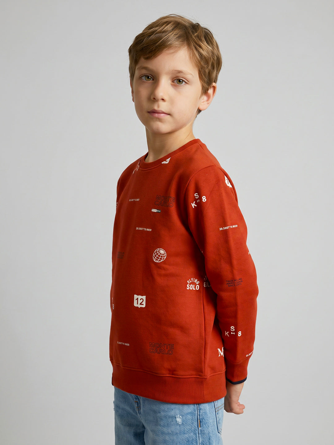 Boys Rust Typography Print Round Neck Full Sleeve Sweatshirt