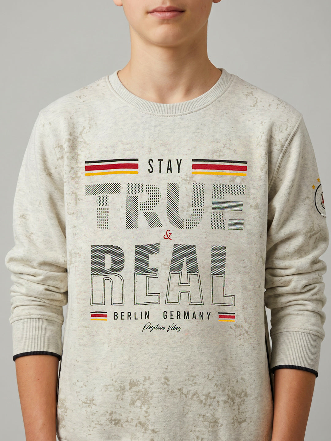 Boys Beige Printed Round Neck Full Sleeve Sweatshirt