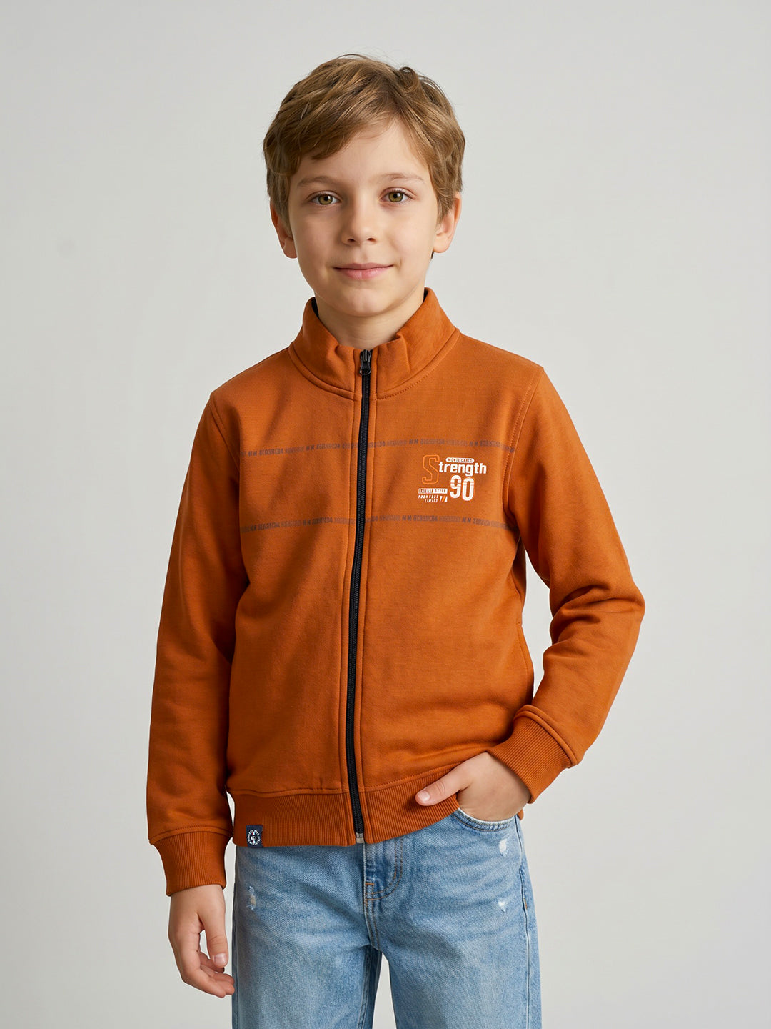 Boys Rust Printed Turtle Neck Full Sleeve Sweatshirt