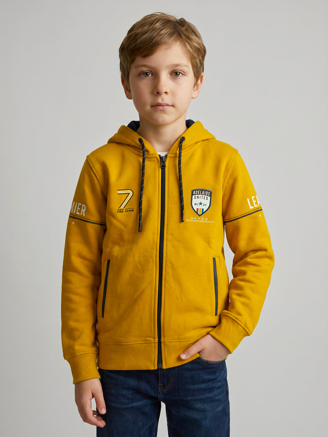 Boys Mustard Printed Collar Full Sleeve Sweatshirt