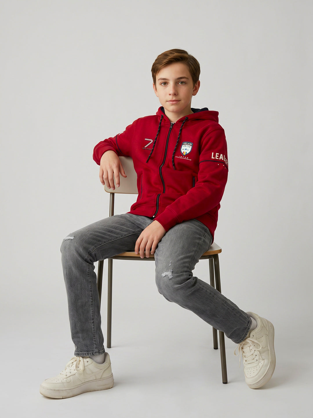 Boys Red Printed Collar Full Sleeve Sweatshirt