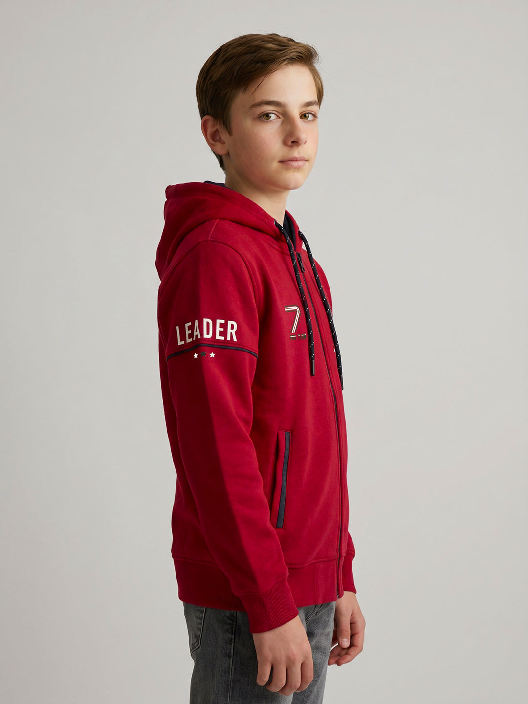 Boys Red Printed Collar Full Sleeve Sweatshirt