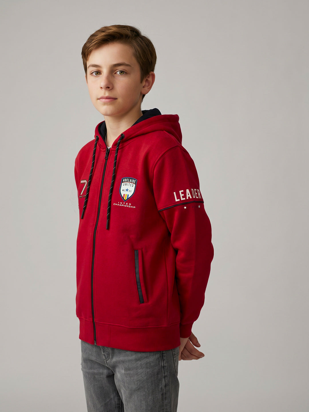 Boys Red Printed Collar Full Sleeve Sweatshirt