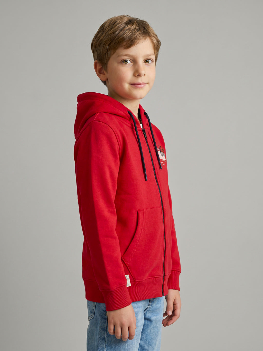 Boys Red Printed Collar Full Sleeve Sweatshirt