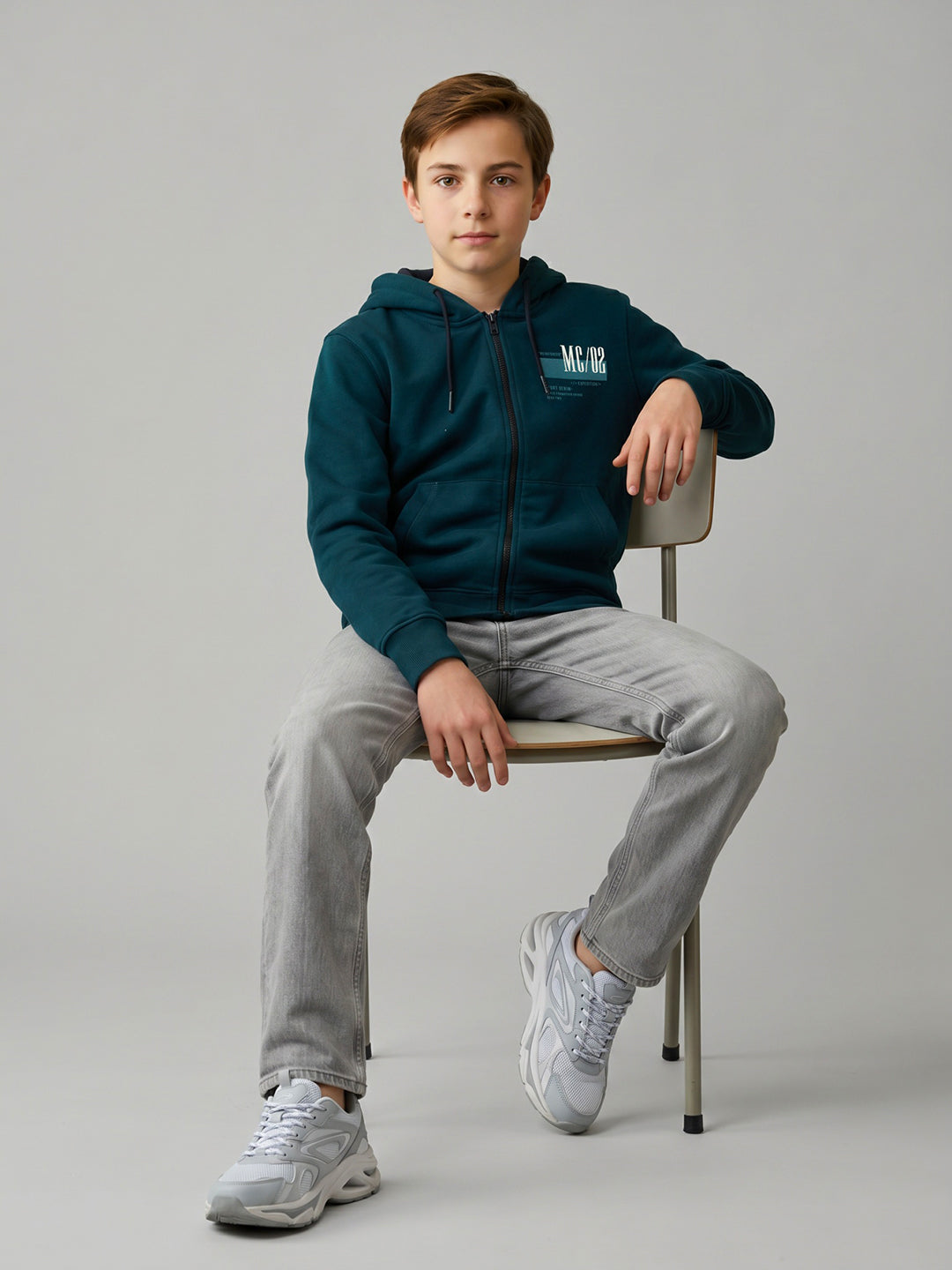 Boys Teal Blue Printed Collar Full Sleeve Sweatshirt