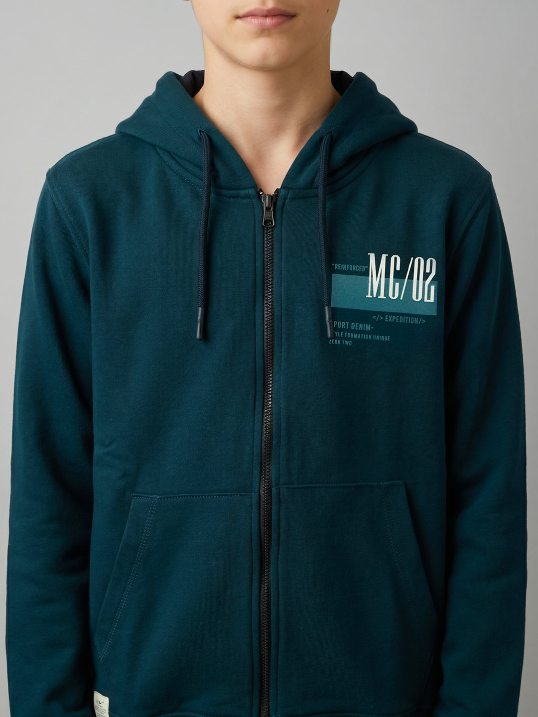Boys Teal Blue Printed Collar Full Sleeve Sweatshirt